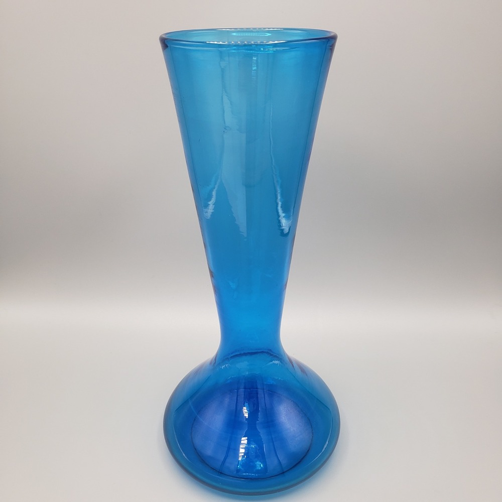 VTG Mid Century Modern Blue Glass Hourglass Vase 12" MCM Decor 60s 70s Art Deco